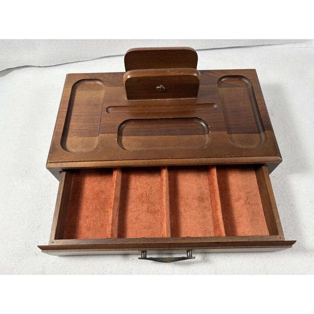 Vintage MCM Walnut Men’s Valet Box Dresser Organizer Orange Velvet Drawer